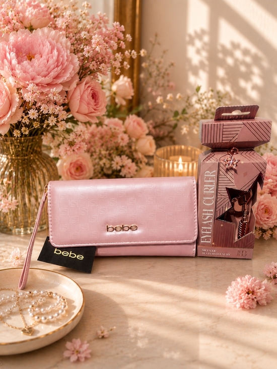 bebe Handbags - bebe Soft Pink Wristlet Wallet with Gold Logo Accent & Eye Lash Curler Bundle